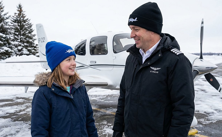A girl and a pilot wearing aviation knit beanies in front of cirrus plane