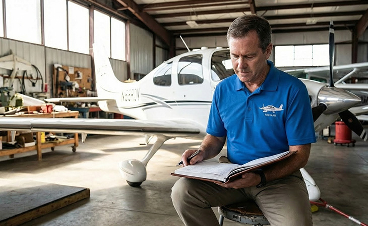 Pilot in hangar checking his logs, wearing aviation polo shirt with embroidered aircraft on it.