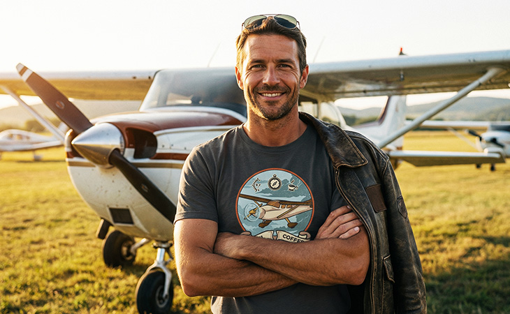 Pilot wearing Fuel, Coffee, Adventure graphic t-shirt in front of his aircraft at the airport