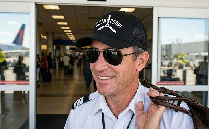 Pilot by the airport entrance wearing aviation trucker hat with funny clear prop design, embroidered.
