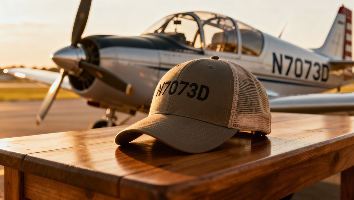Premium embroidered custom tail number hats featuring aircraft registration N-number for pilots and aviation enthusiasts