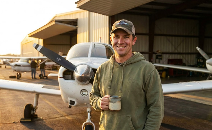 Pilot lifestyle apparel including custom embroidered hat worn by aviator at sunset near aircraft