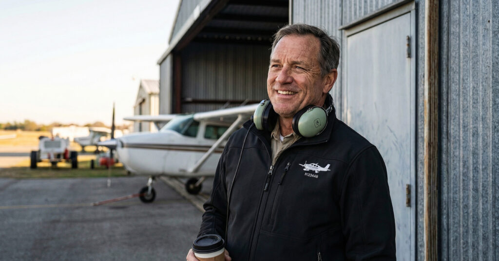 Pilot by the hangar wearing cirrus windbreaker