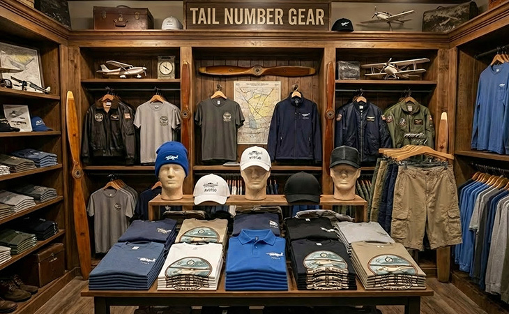 Inside of the Tail Number Gear showroom, with caps, beanies, shirts, jackets and more of aviation apparel