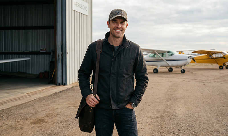 Pilot wearing aviation apparel near an aircraft hangar, reflecting the aviation lifestyle and identity
