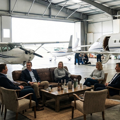 Group of pilots and aviation enthusiasts interacting near hangars and small aircraft, illustrating the inclusive aviation community