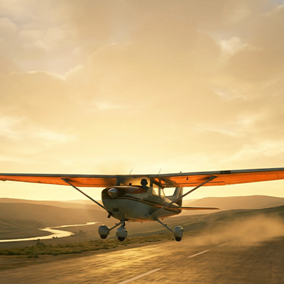 General aviation aircraft taking off into open sky at golden hour, symbolizing freedom, adventure, and the journey of flight