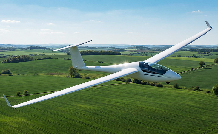 Glider aircraft soaring in the air over green fields, unpowered sailplane used for sport and training