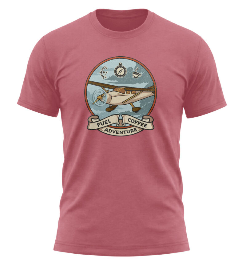 A vintage-style pilot graphic tee showing an airplane in the clouds with the text Fuel, Coffee, Adventure.