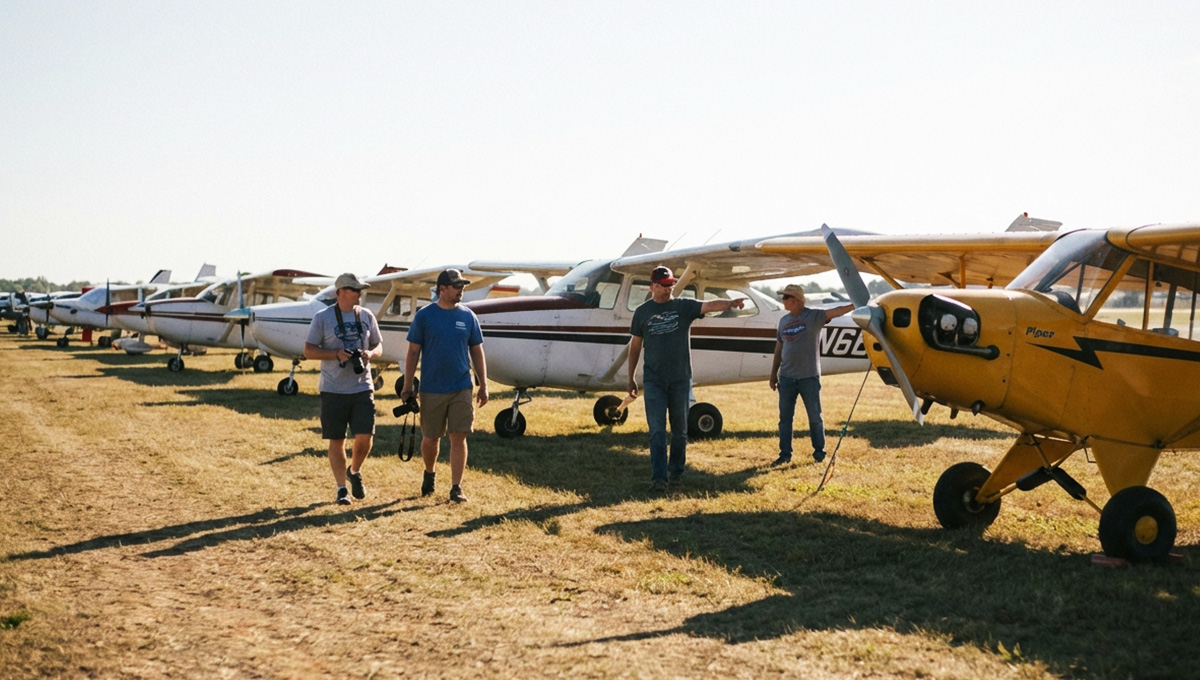 Aviation fans walking between small aircraft parked on a grass airfield during a summer fly-in event