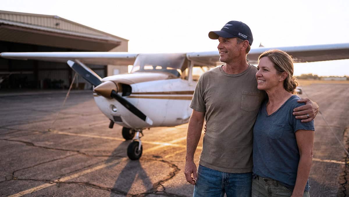 Happy couple with airplane in background, celebrating a special pilot-themed gift.