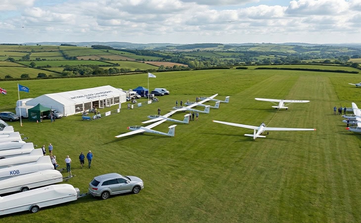 Aircraft display at a grass airfield with gliders and support vehicles.