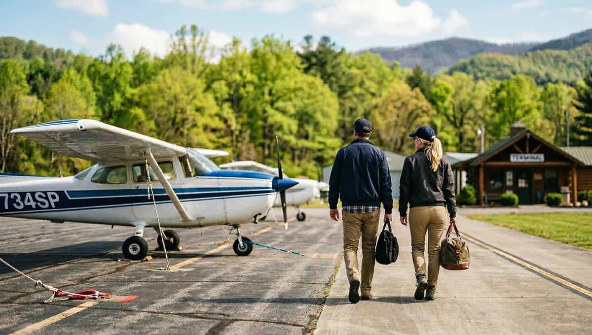 Private aircraft at small airport for weekend travel.
