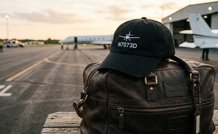 Black aviation cap with tail number N7073D on airport tarmac.