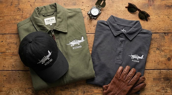 Custom tail number hats polos hoodies and jackets with aircraft silhouette embroidery