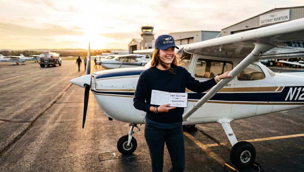 Female pilot celebrating first solo flight next to small aircraft at sunset.