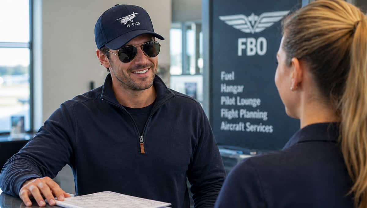 Pilot and airline staff discussing spring flying essentials at an airport.
