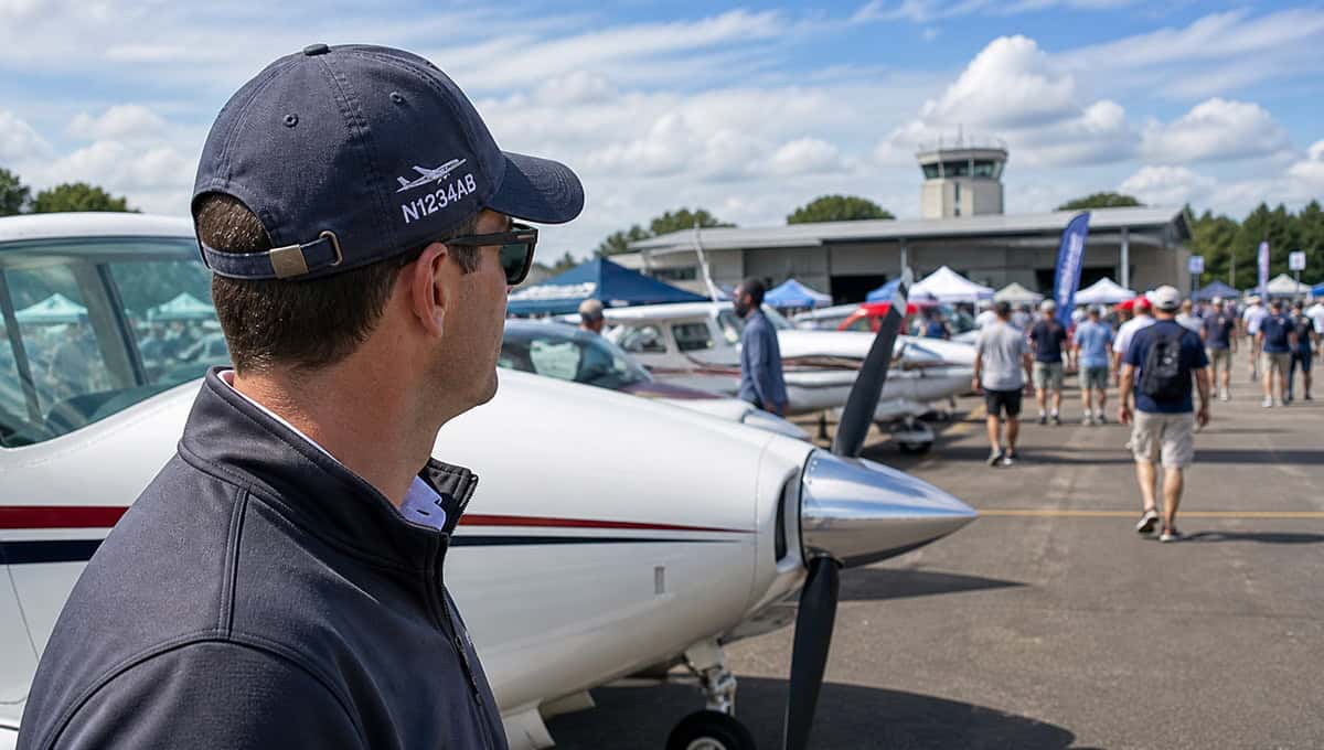 Aircraft enthusiast viewing a sleek jet at a lively fly-in event.