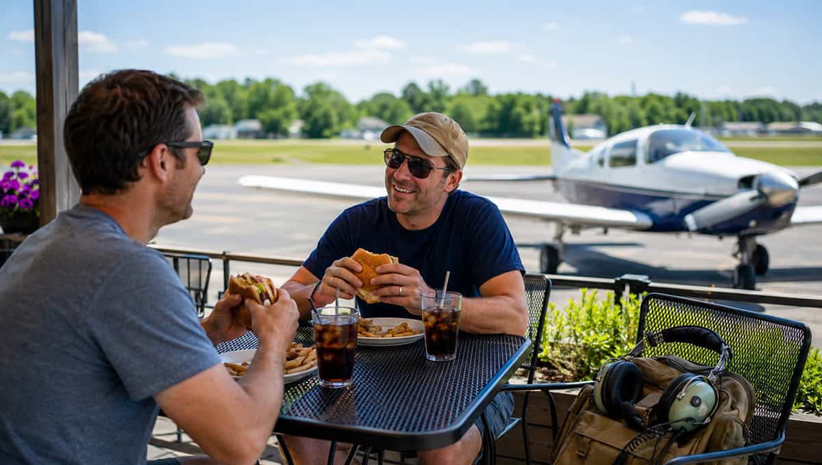 Aviation enthusiasts enjoying outdoor dining with a private jet in the background.
