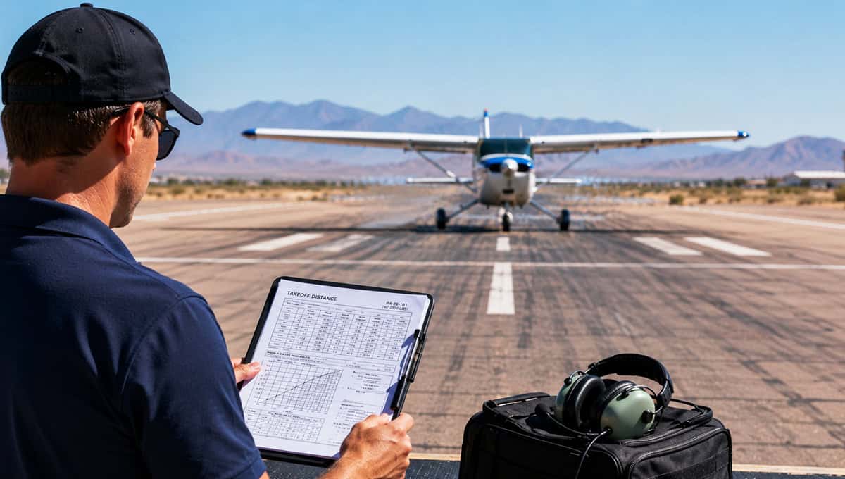 Pilot reviewing flight data before takeoff on a clear runway.