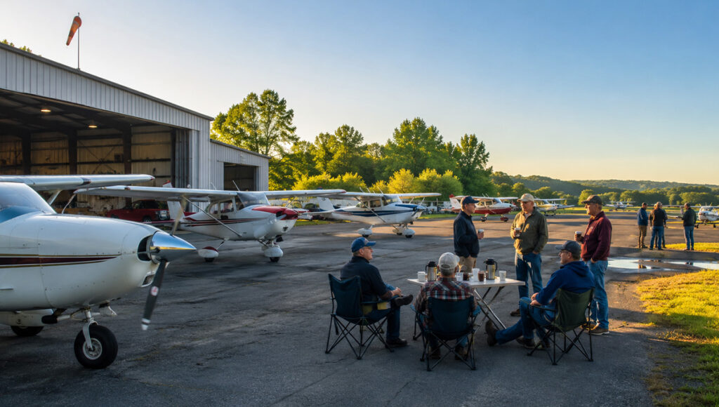Pilots gathered near small airplanes at a summer morning general aviation fly-in