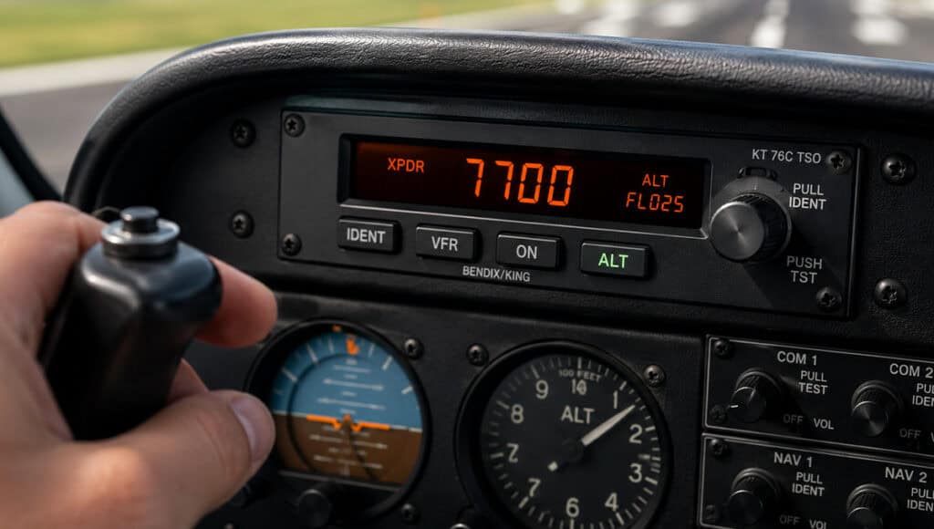 Aircraft transponder showing squawk code 7700 in cockpit.