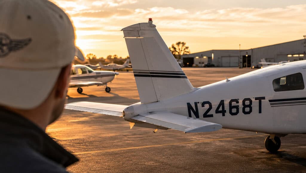 What is a tail number on a small airplane with visible N-number at sunset airport ramp