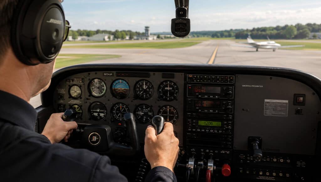 Pilot flying a small aircraft with runway and plane outside.