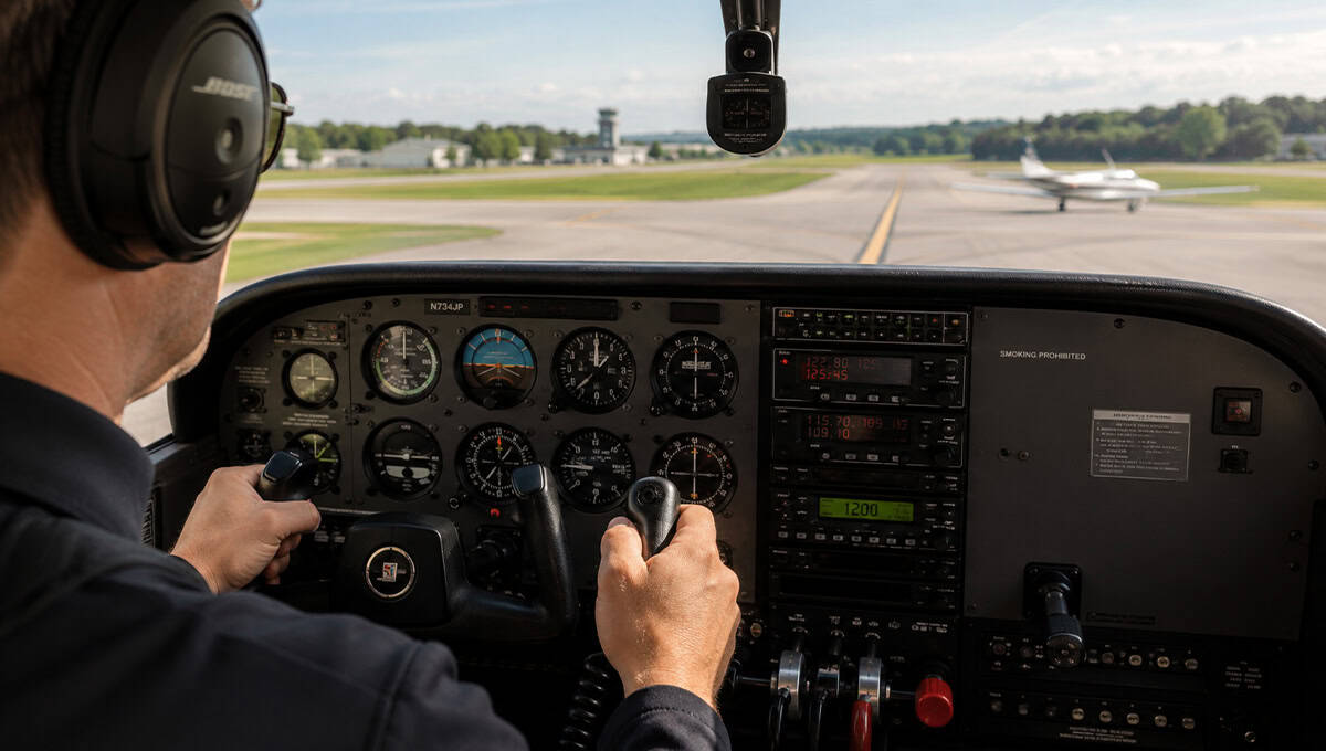 Pilot flying a small aircraft with runway and plane outside.