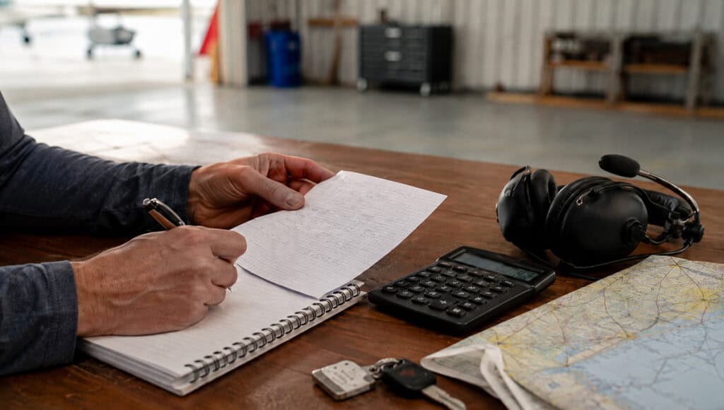 Pilot reviewing small airplane ownership costs with a calculator, notebook, aviation headset, keys, and flight chart.