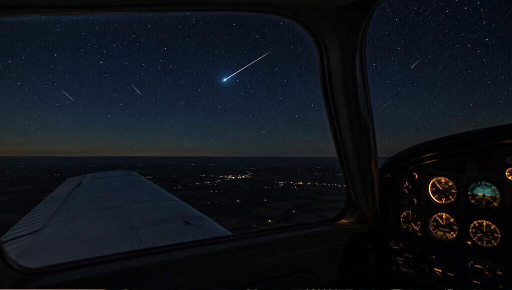 Perseid meteor shower from an airplane during a night flight