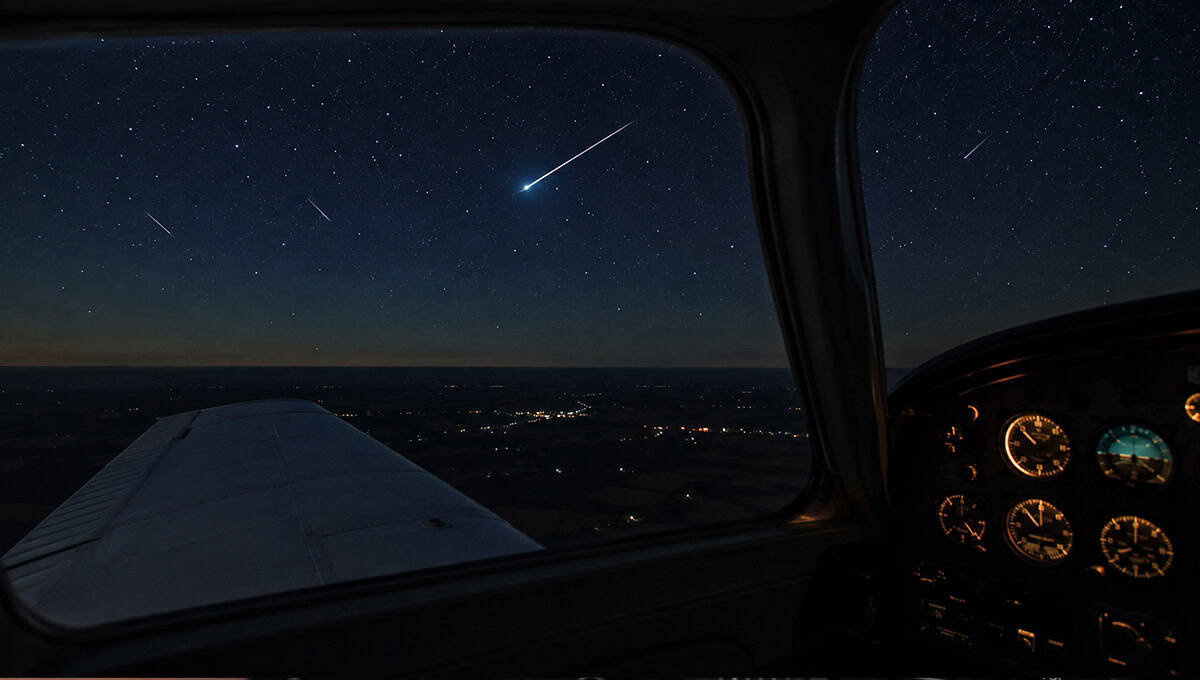 Perseid meteor shower from an airplane during a night flight