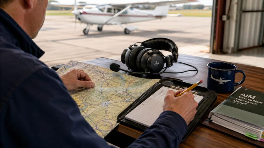 Pilot planning a VFR flight with an aviation headset and sectional chart at a hangar desk