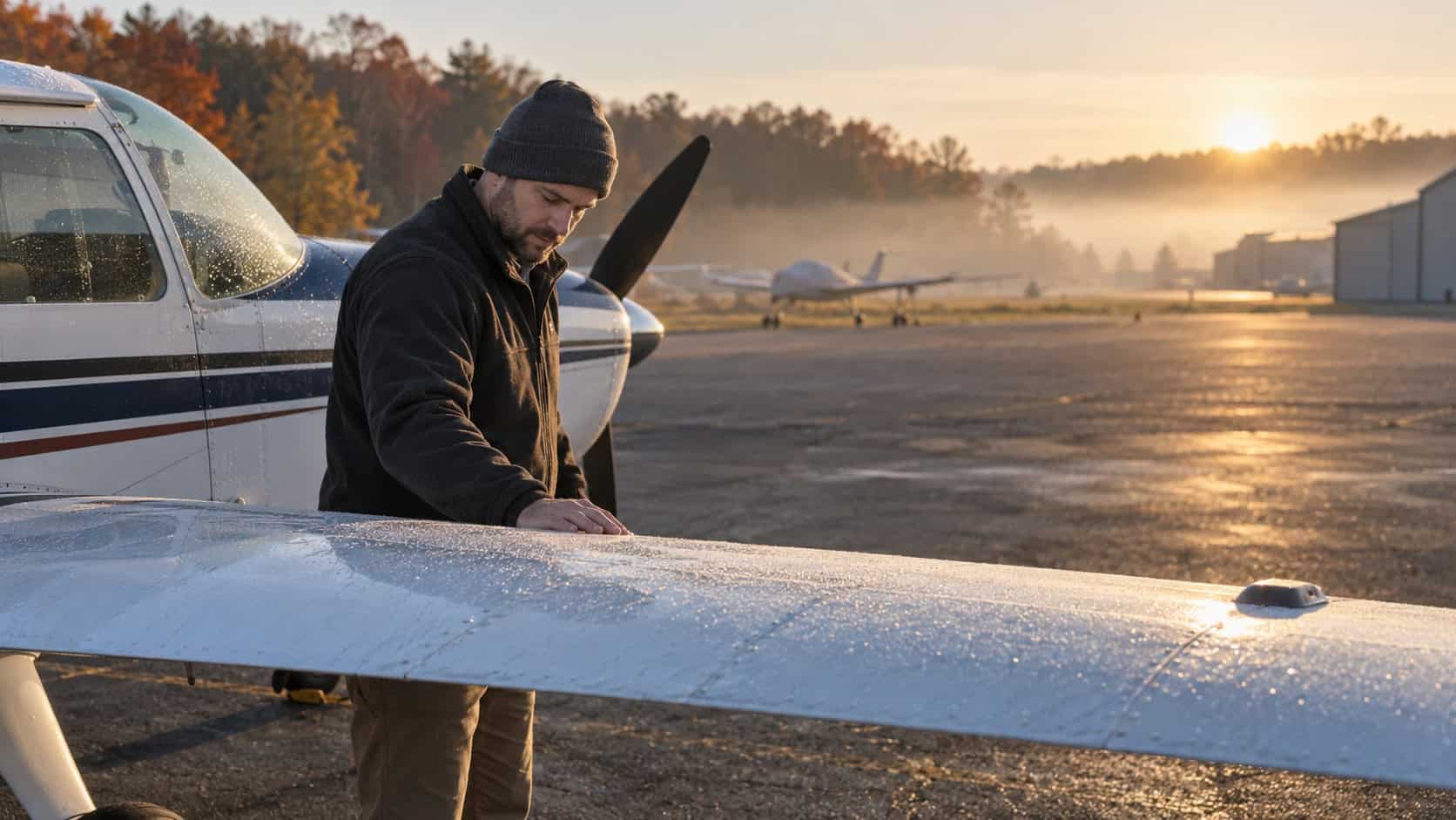 Alt Text: Pilot conducting a preflight on a cool autumn morning at a general aviation airport