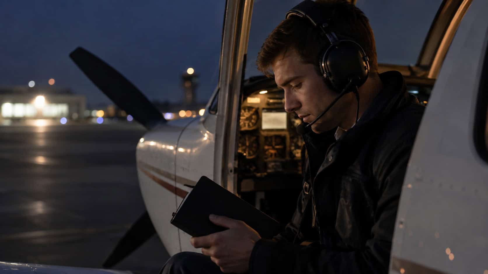 General aviation pilot preparing for a night flight with airport lights visible in the background