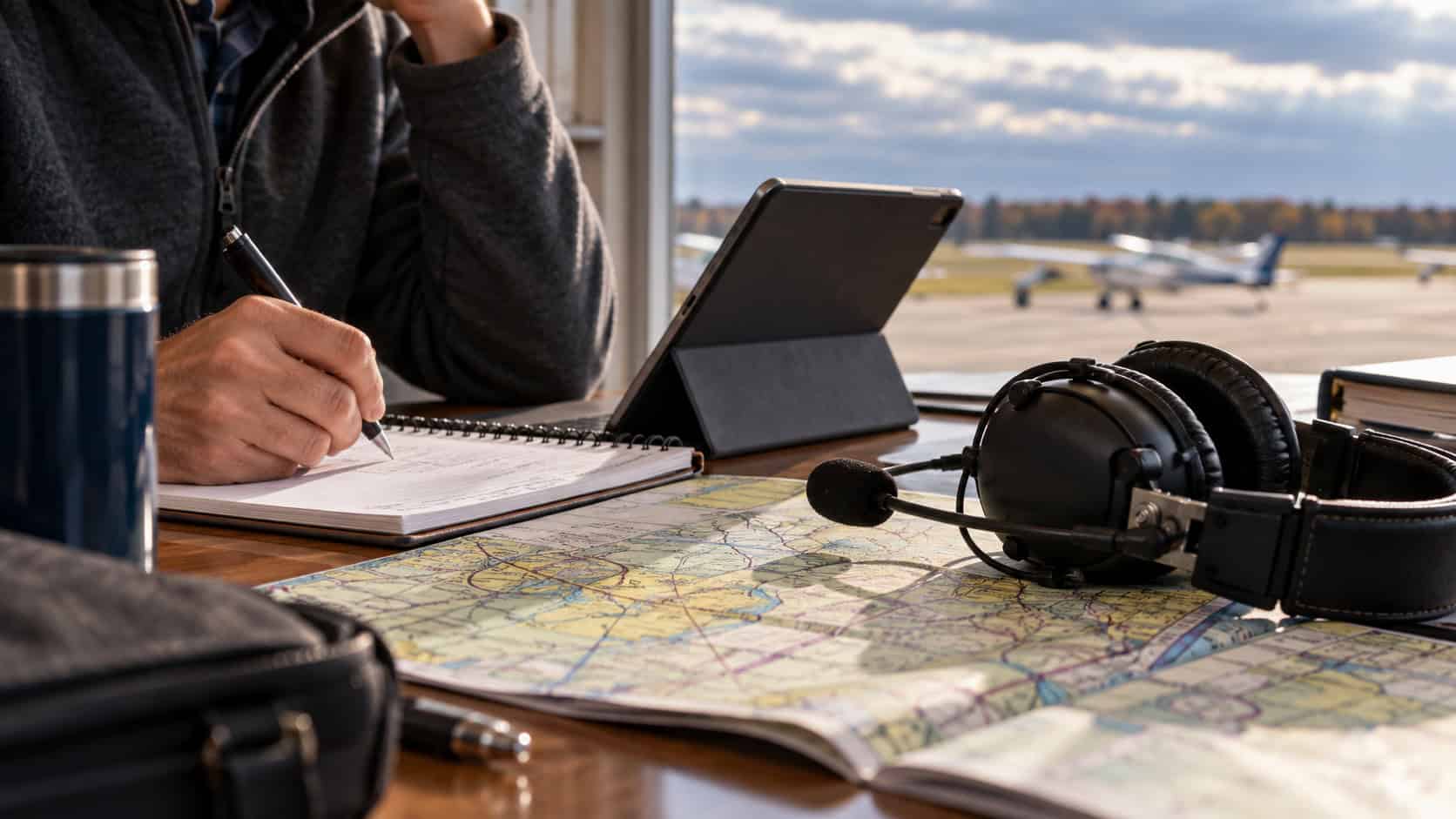 General aviation pilot reviewing weather information with a headset and flight-planning materials