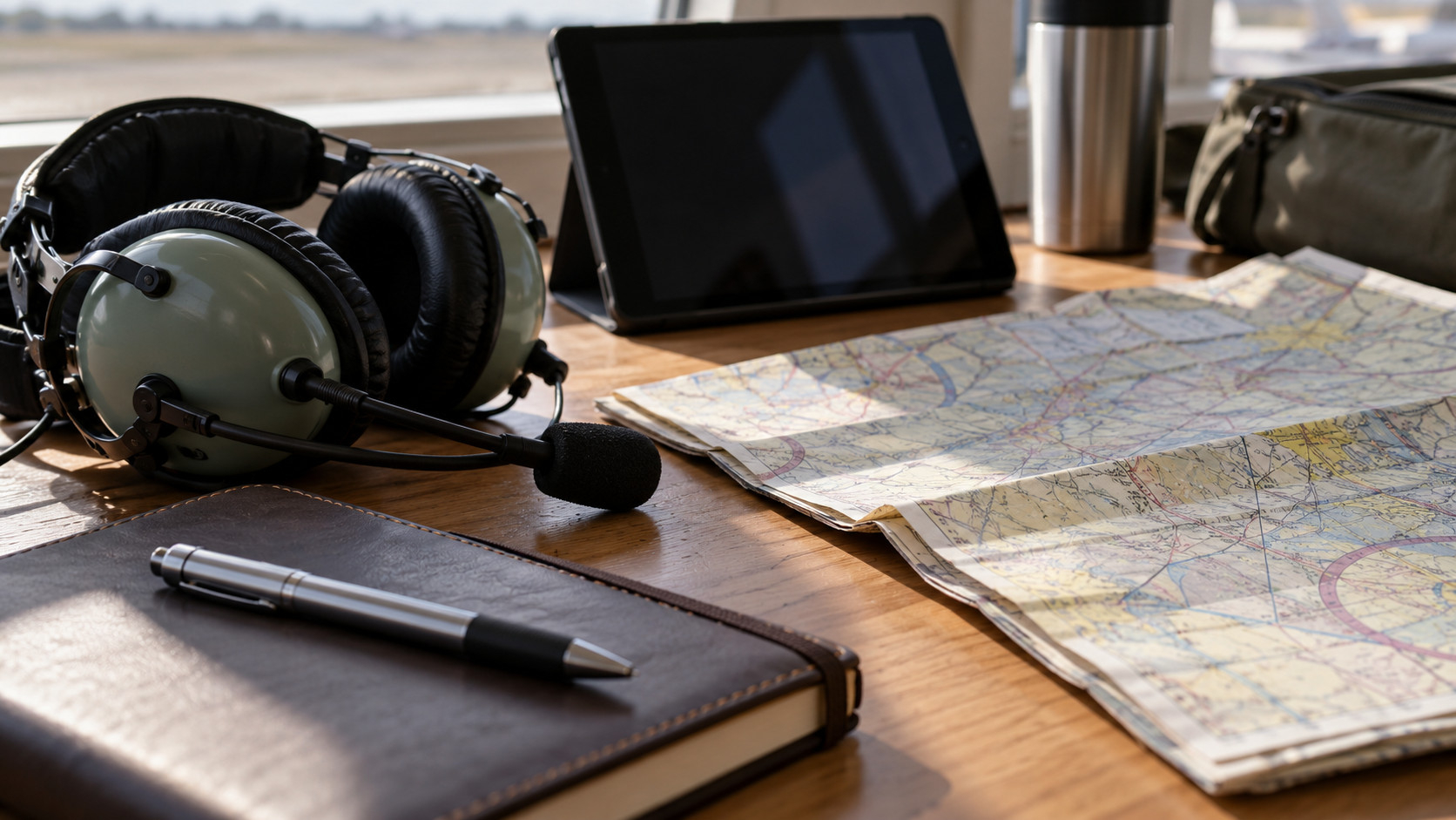 Pilot flight-planning workspace with aviation charts, headset, and weather information on a tablet